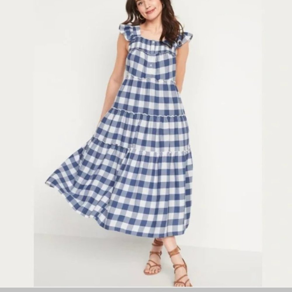 Old Navy Women's Flutter Sleeve Tiered Smocked Gingham Midi Swing Dress